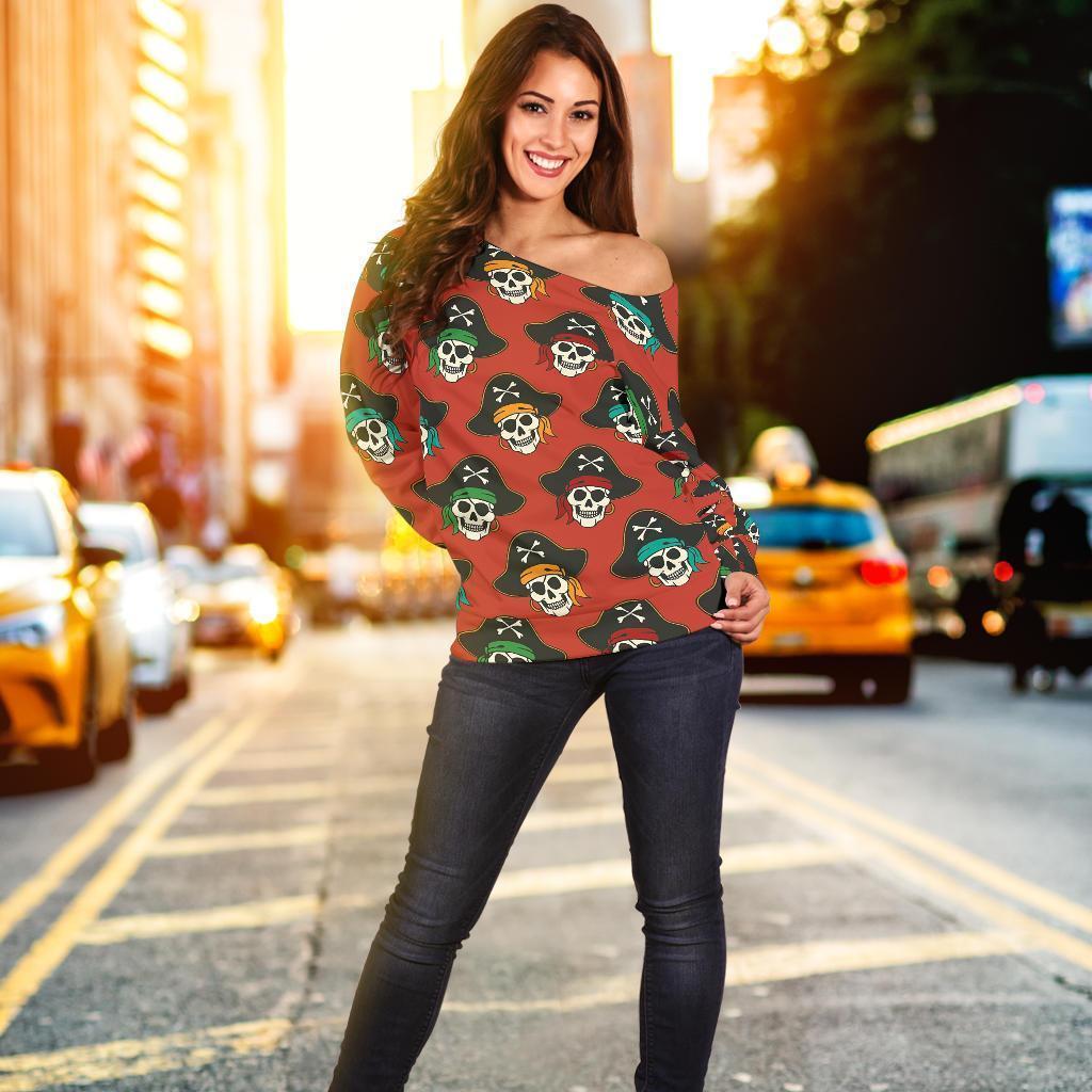 Skull Pirate Print Pattern Women Off Shoulder Sweatshirt-grizzshop