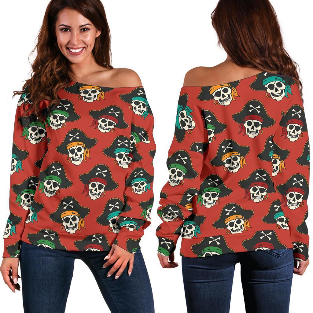 Skull Pirate Print Pattern Women Off Shoulder Sweatshirt-grizzshop