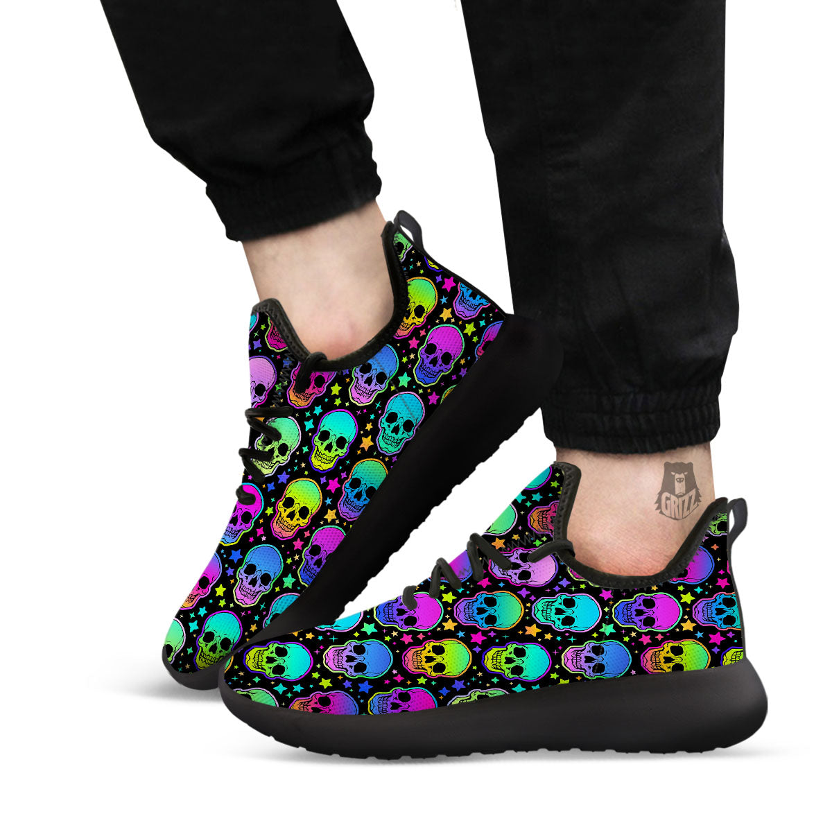 Skull Psychedelic Print Pattern Black Athletic Shoes-grizzshop
