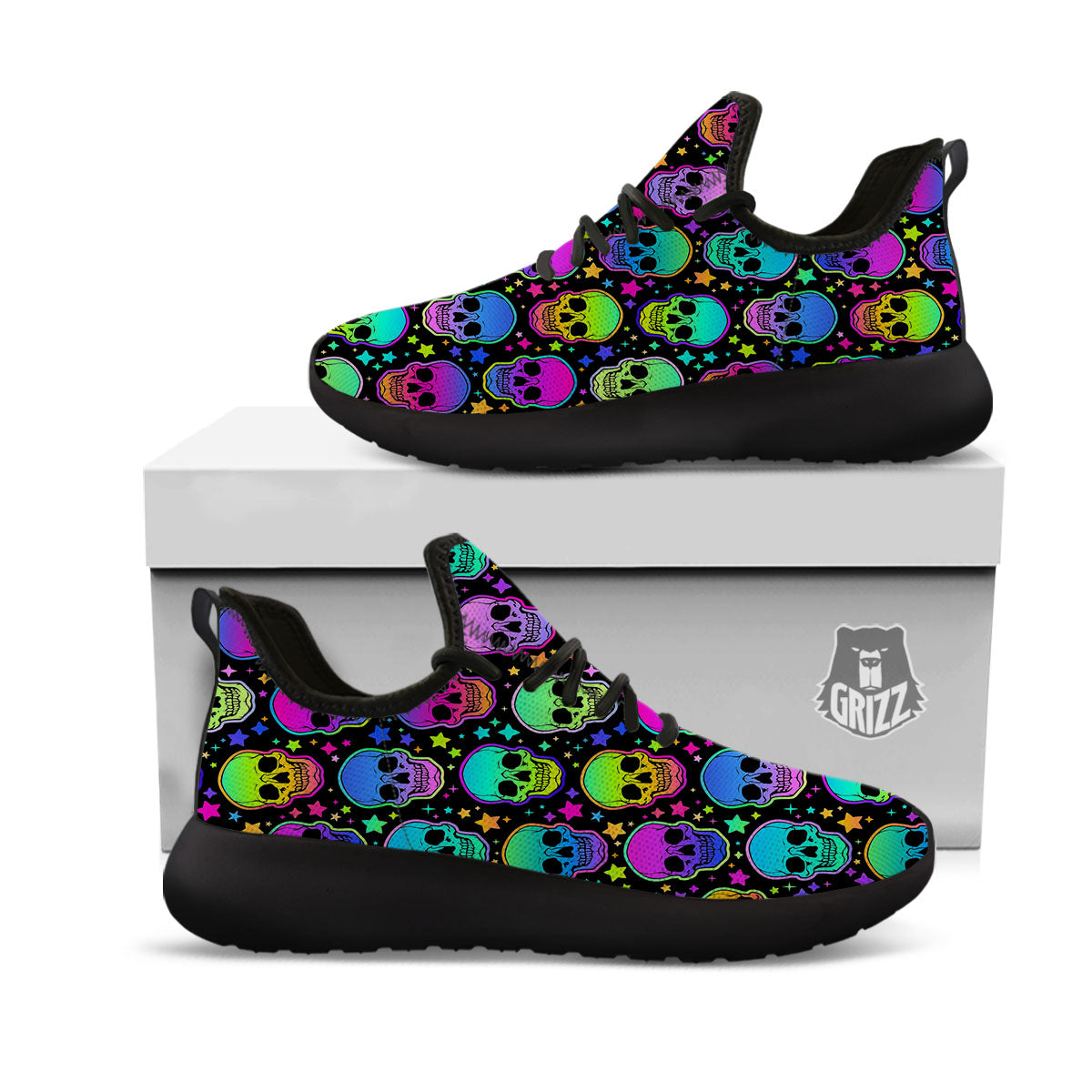 Skull Psychedelic Print Pattern Black Athletic Shoes-grizzshop