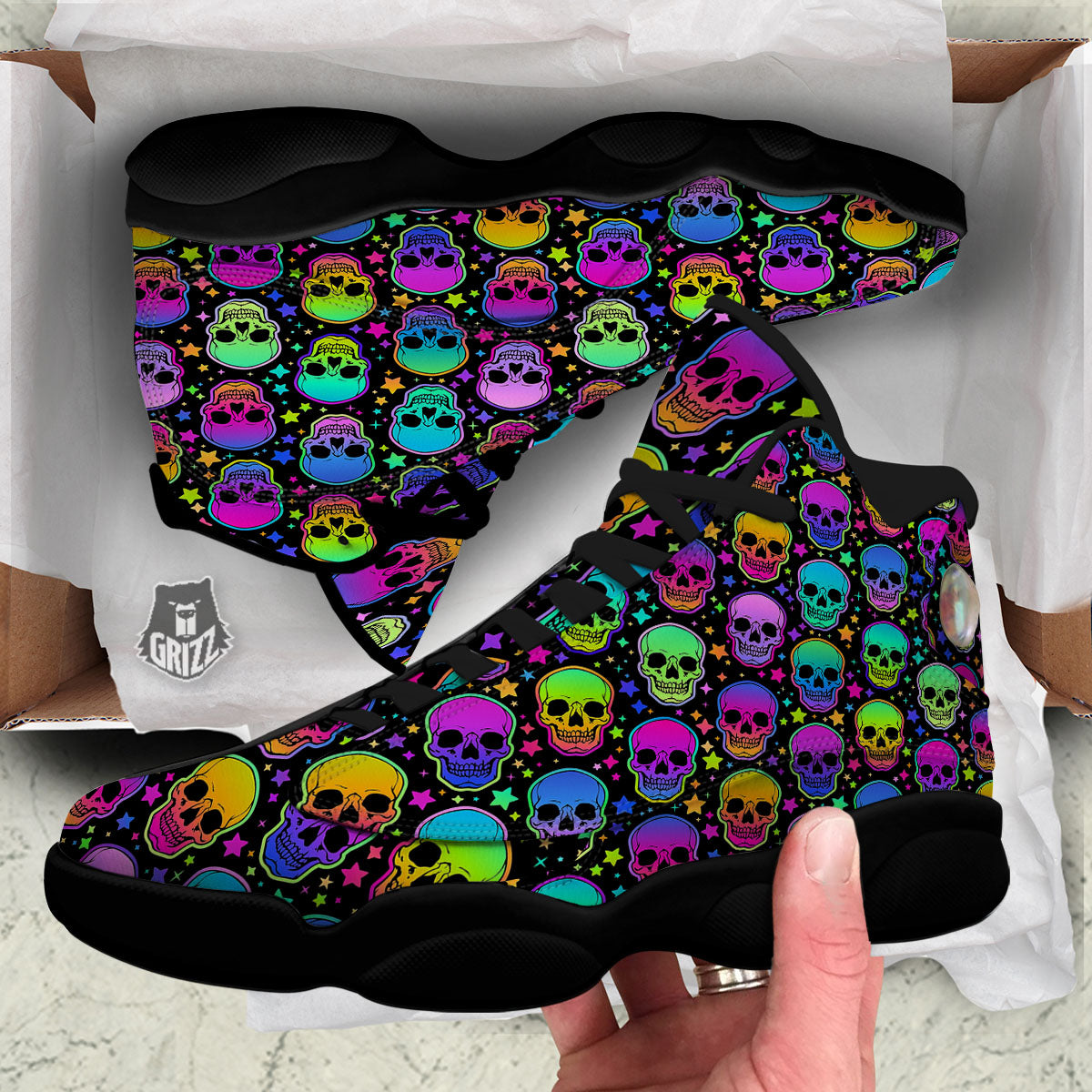 Skull Psychedelic Print Pattern Black Basketball Shoes-grizzshop