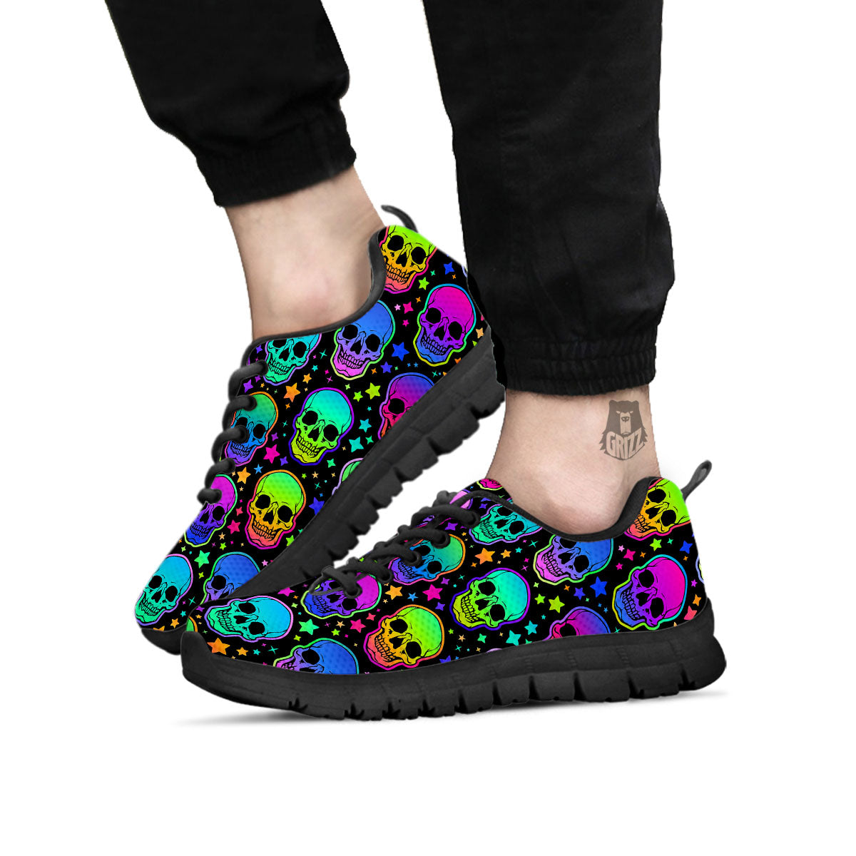 Skull Psychedelic Print Pattern Black Sneaker-grizzshop