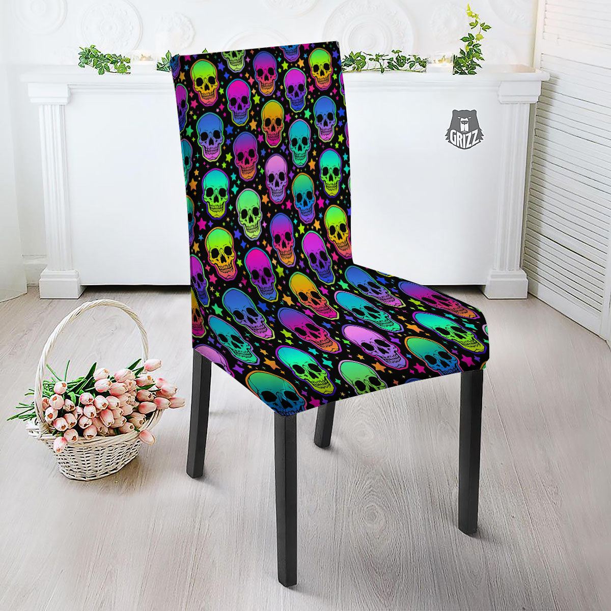 Skull Psychedelic Print Pattern Dining Chair Slipcover-grizzshop