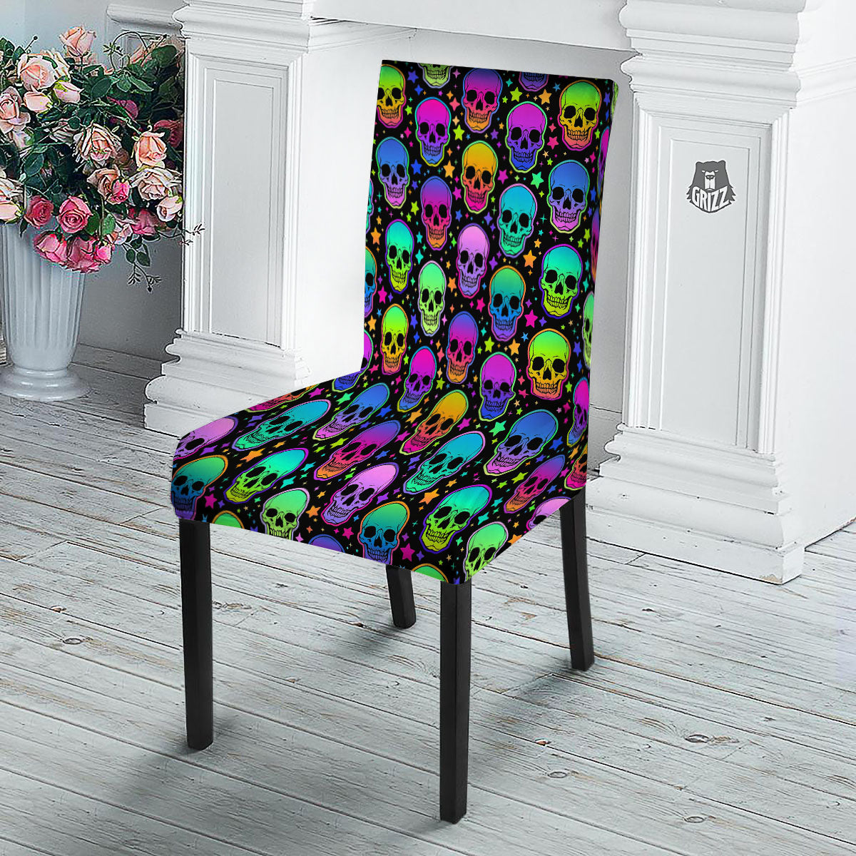 Skull Psychedelic Print Pattern Dining Chair Slipcover-grizzshop