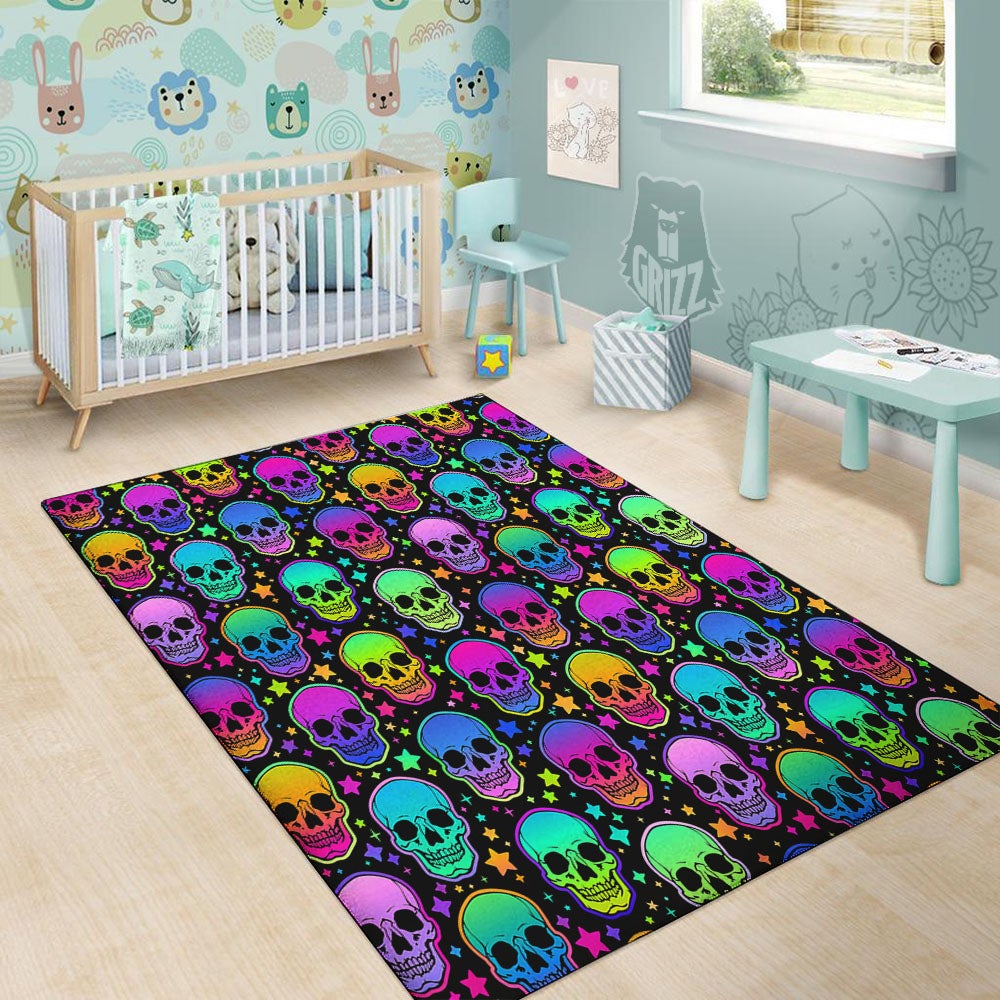 Skull Psychedelic Print Pattern Floor Mat-grizzshop