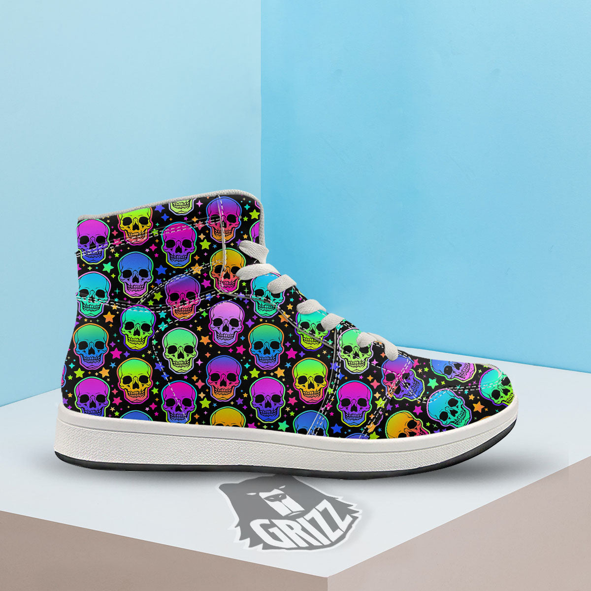 Skull Psychedelic Print Pattern High Top Sneakers-grizzshop
