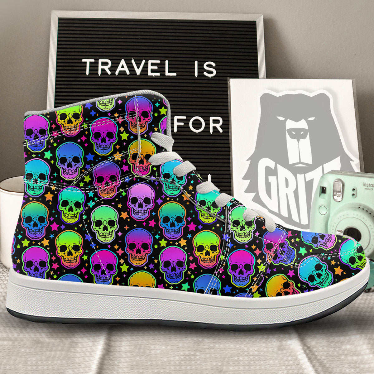Skull Psychedelic Print Pattern High Top Sneakers-grizzshop