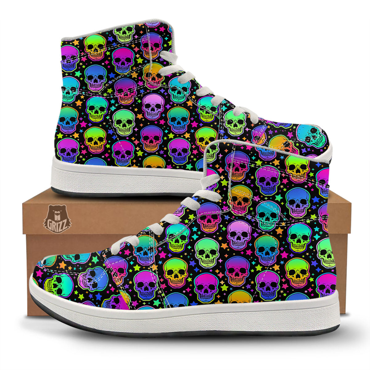 Skull Psychedelic Print Pattern High Top Sneakers-grizzshop