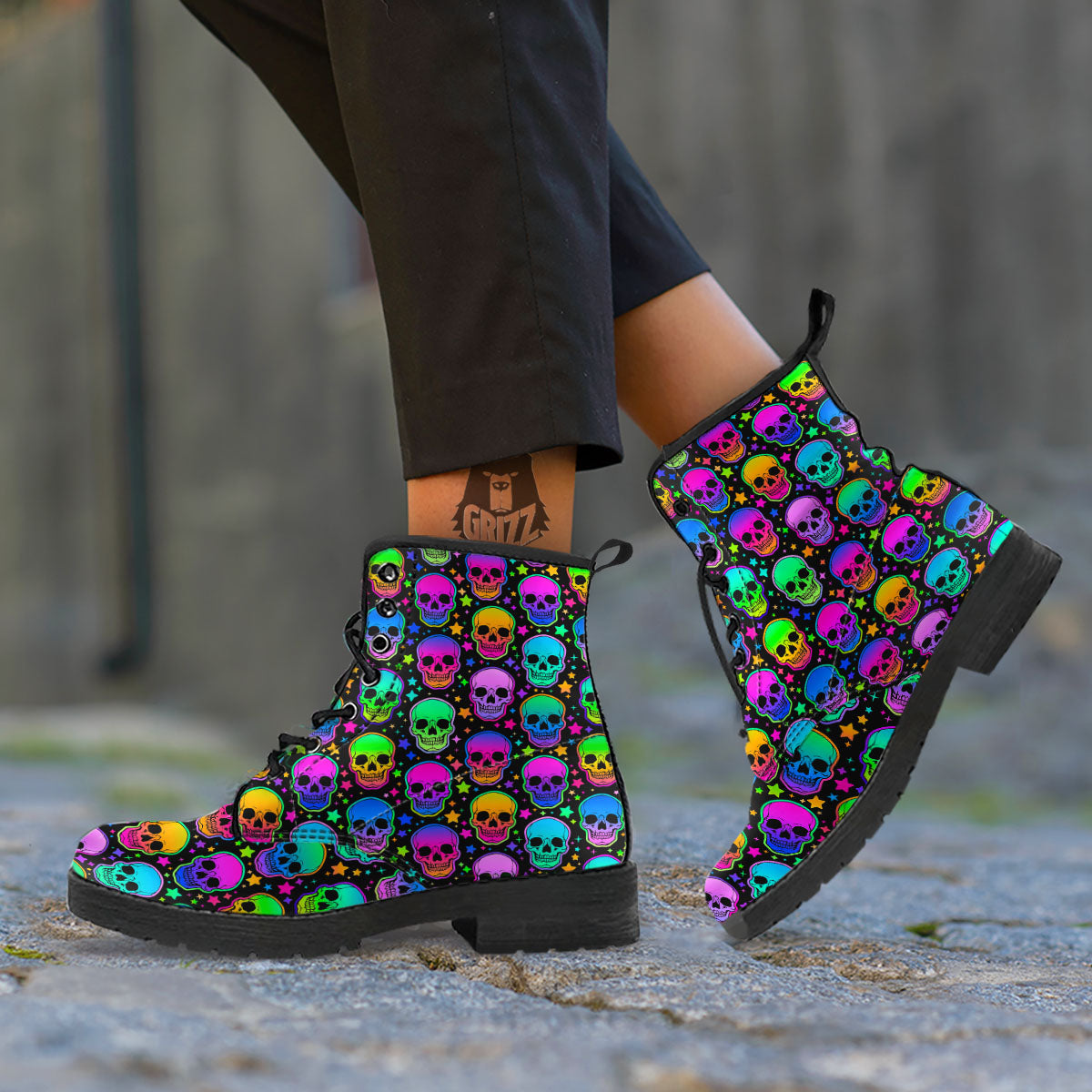 Skull Psychedelic Print Pattern Leather Boots-grizzshop