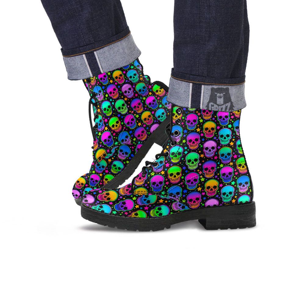 Skull Psychedelic Print Pattern Leather Boots-grizzshop