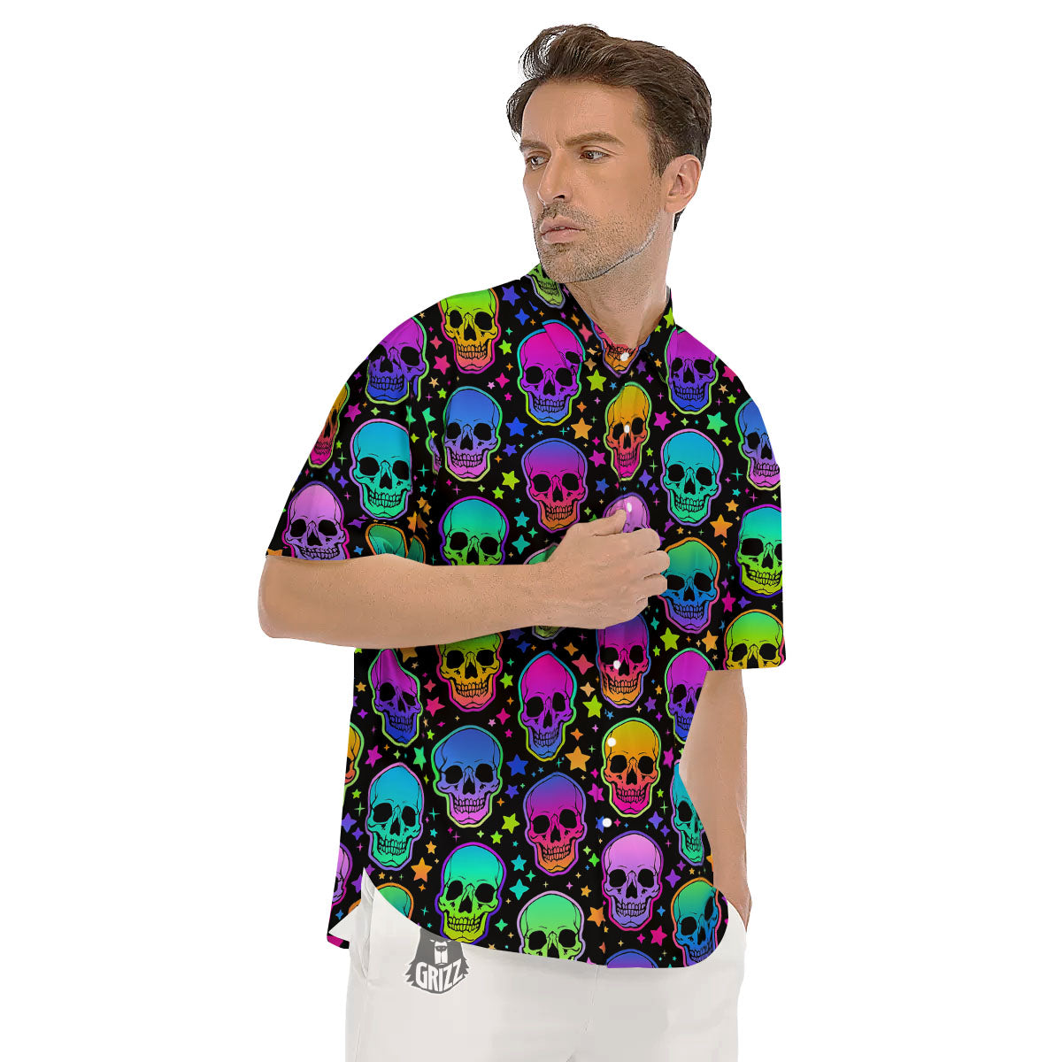 Skull Psychedelic Print Pattern Men's Short Sleeve Shirts-grizzshop