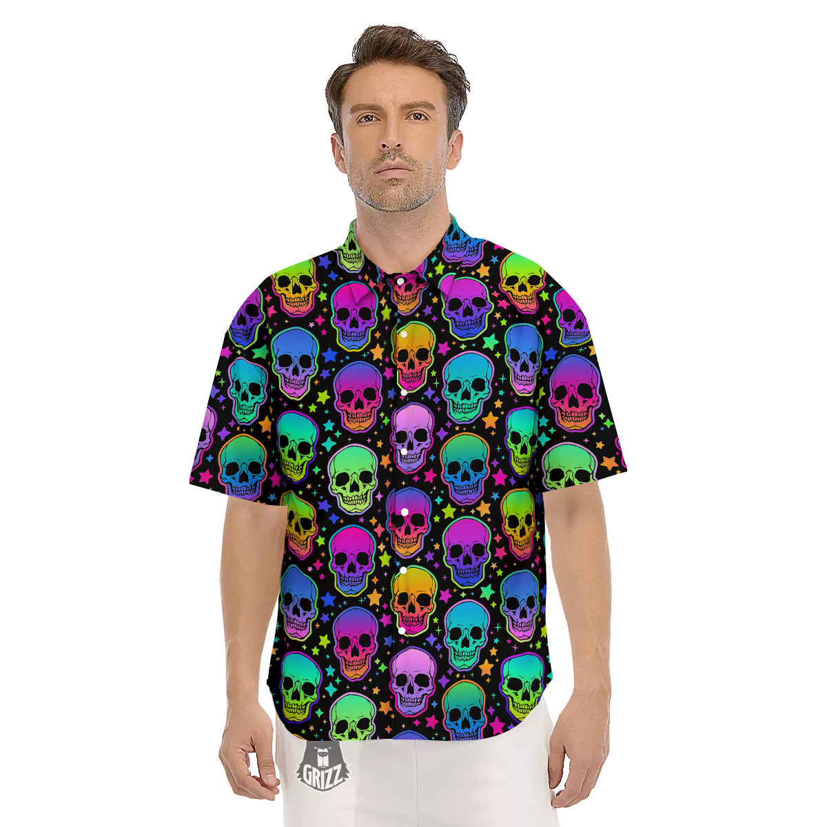 Skull Psychedelic Print Pattern Men's Short Sleeve Shirts-grizzshop
