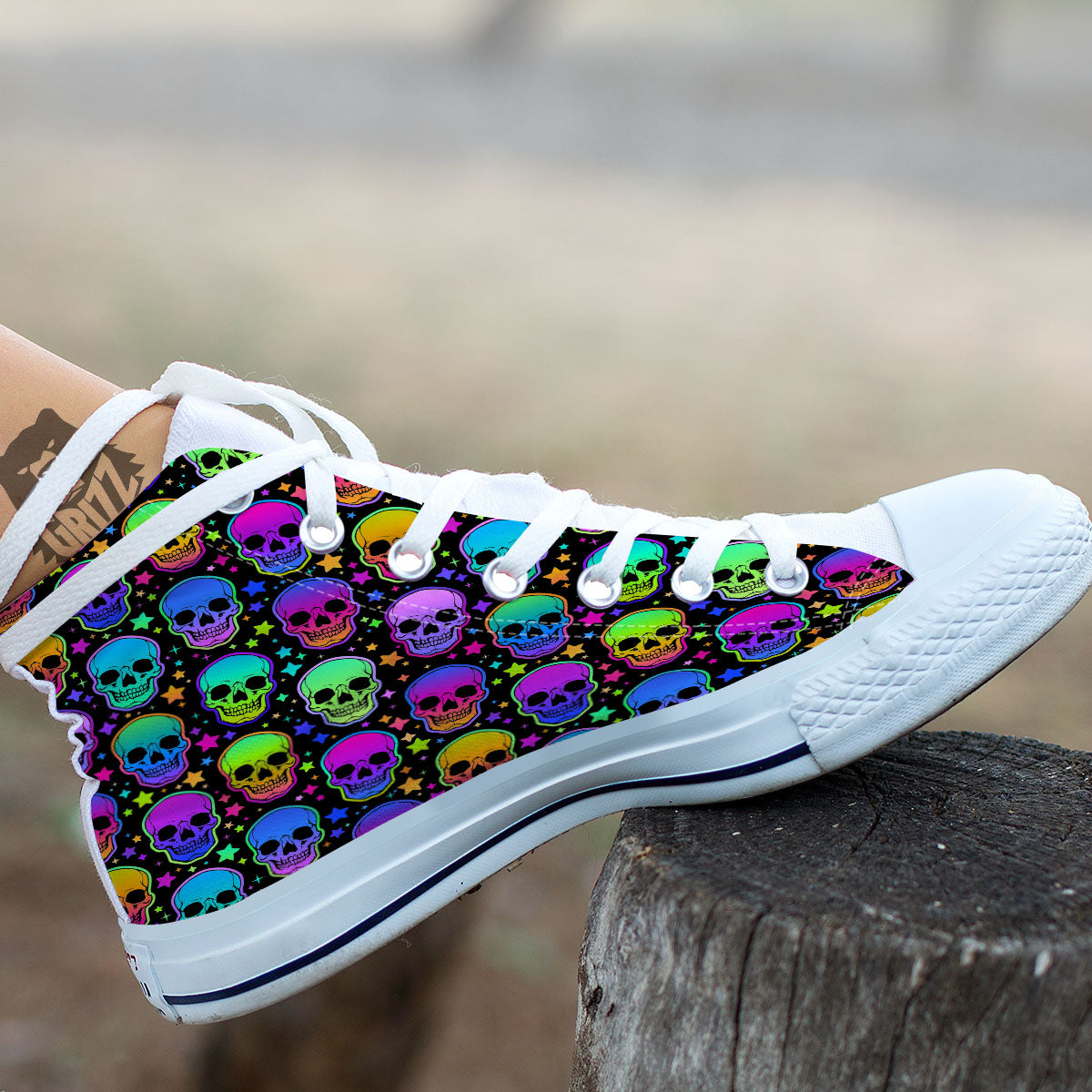 Skull Psychedelic Print Pattern White High Top Shoes-grizzshop