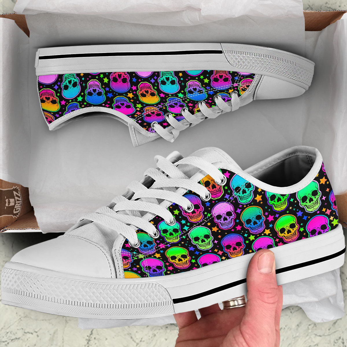 Skull Psychedelic Print Pattern White Low Top Shoes-grizzshop