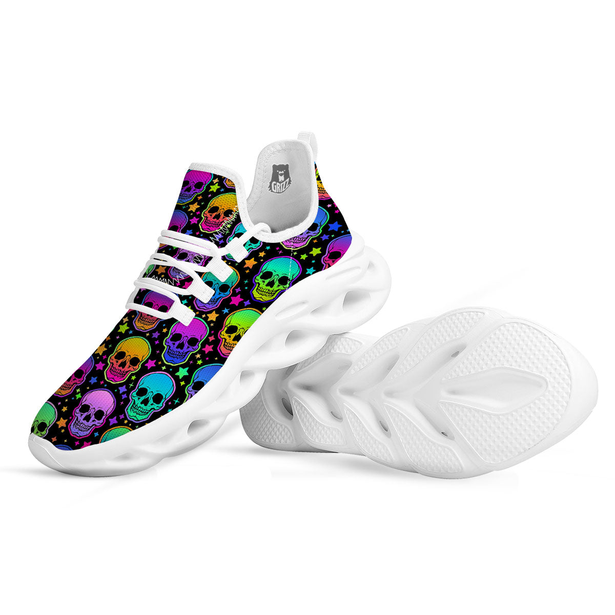Skull Psychedelic Print Pattern White Running Shoes-grizzshop
