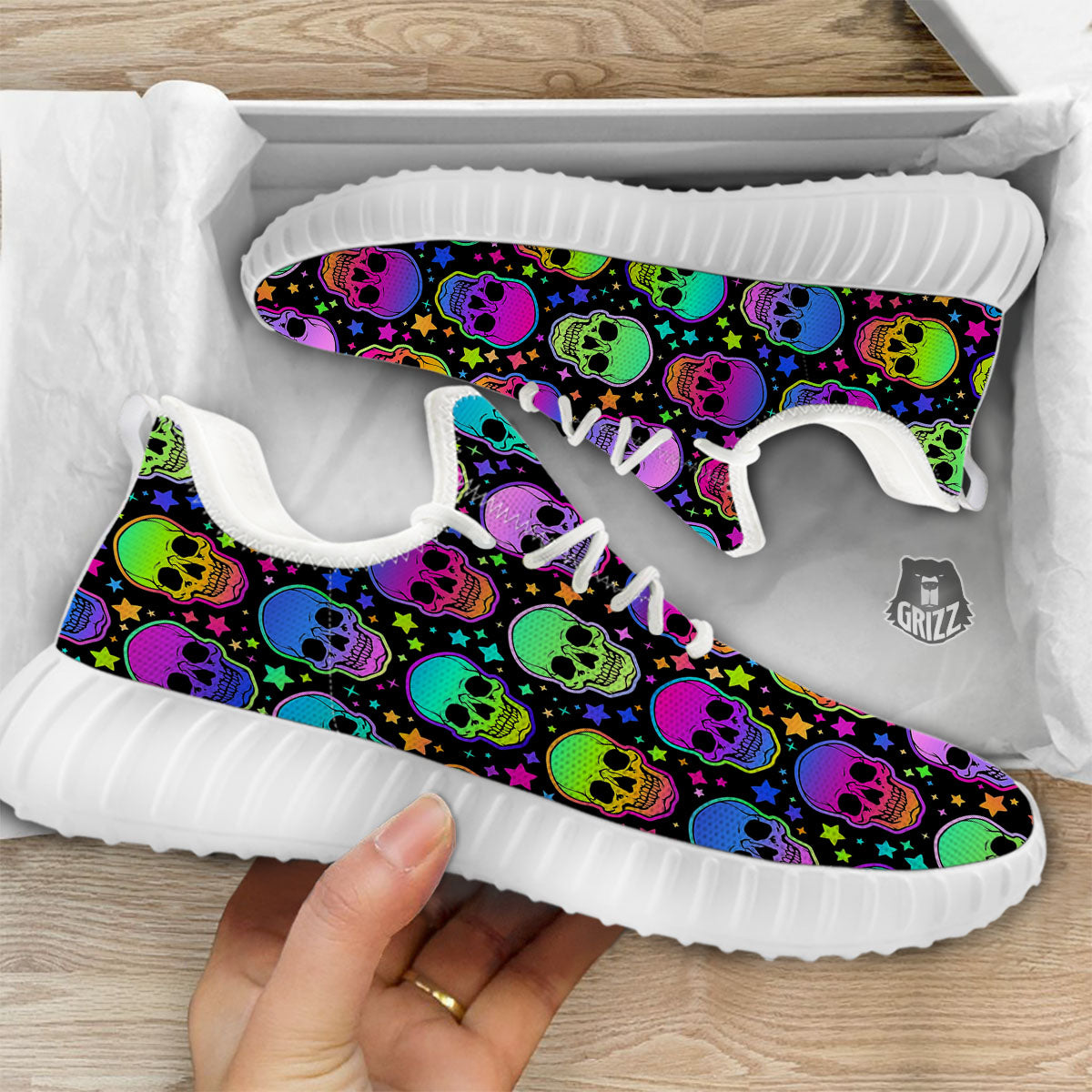 Skull Psychedelic Print Pattern White Walking Shoes-grizzshop