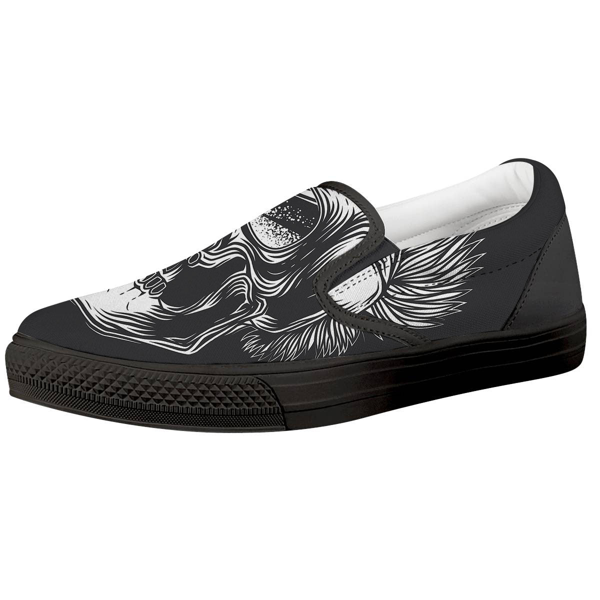 Skull Punk Monochrome Print Black Slip On Shoes-grizzshop