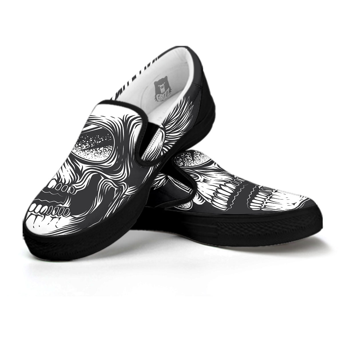 Skull Punk Monochrome Print Black Slip On Shoes-grizzshop