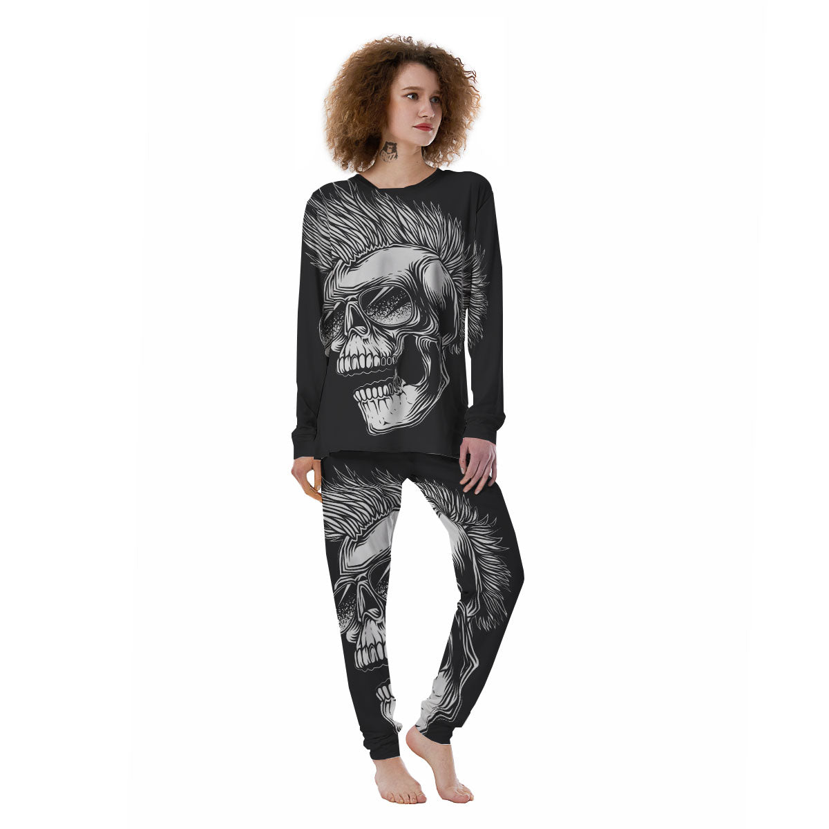Skull Punk Monochrome Print Women's Pajamas-grizzshop