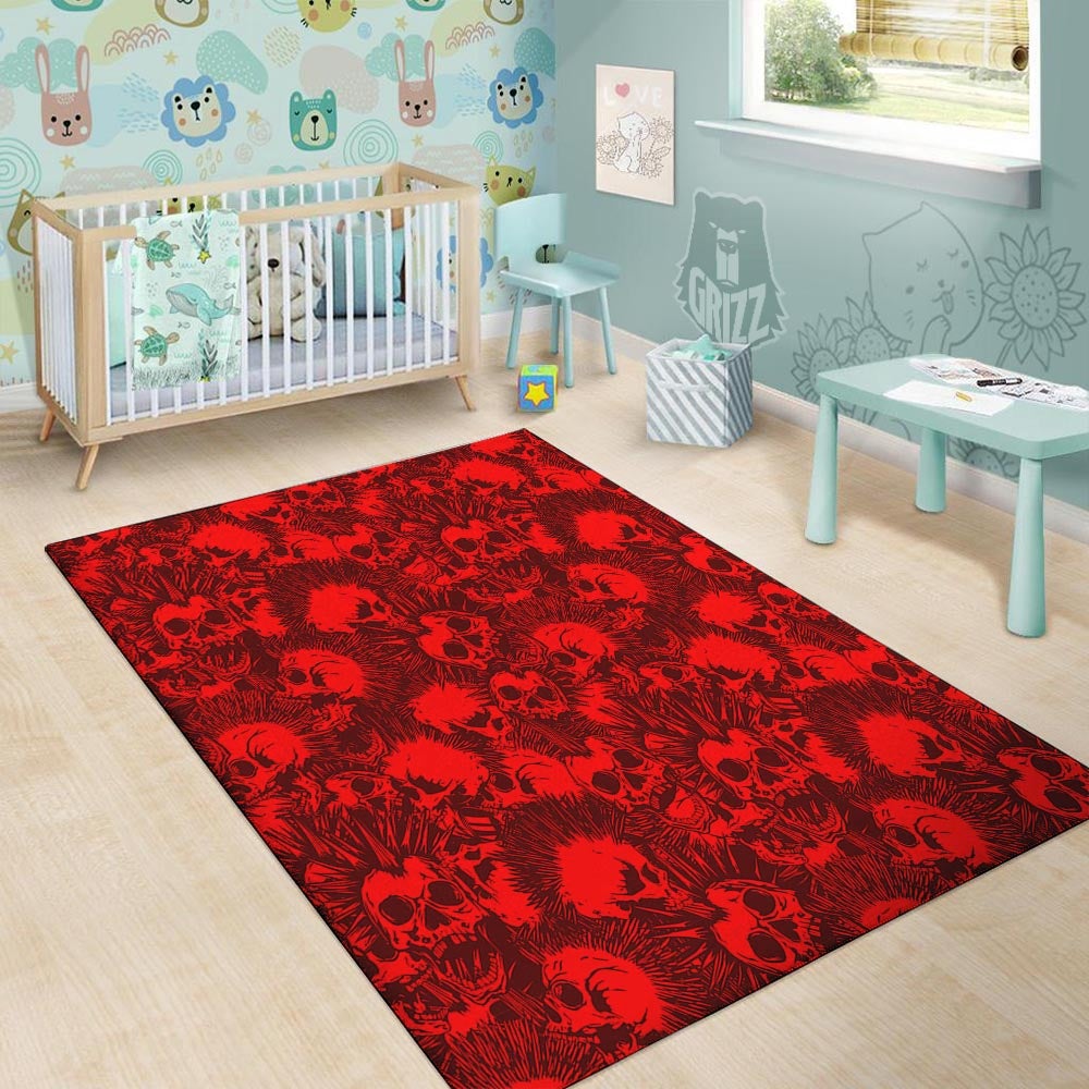 Skull Punk Red Print Pattern Floor Mat-grizzshop