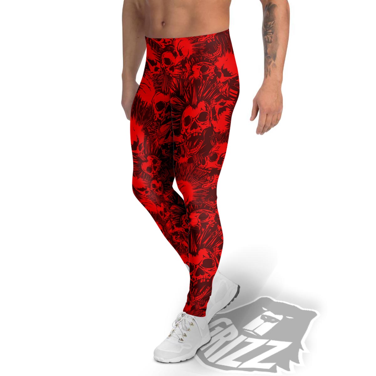 Skull Punk Red Print Pattern Men's Leggings-grizzshop