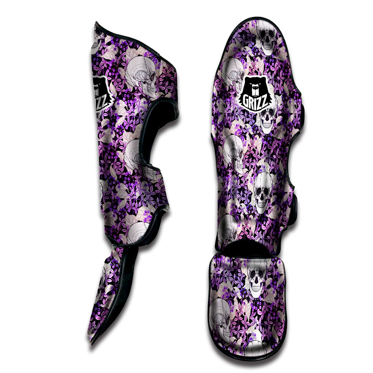 Skull Purple Tropical Print Pattern Muay Thai Shin Guards-grizzshop