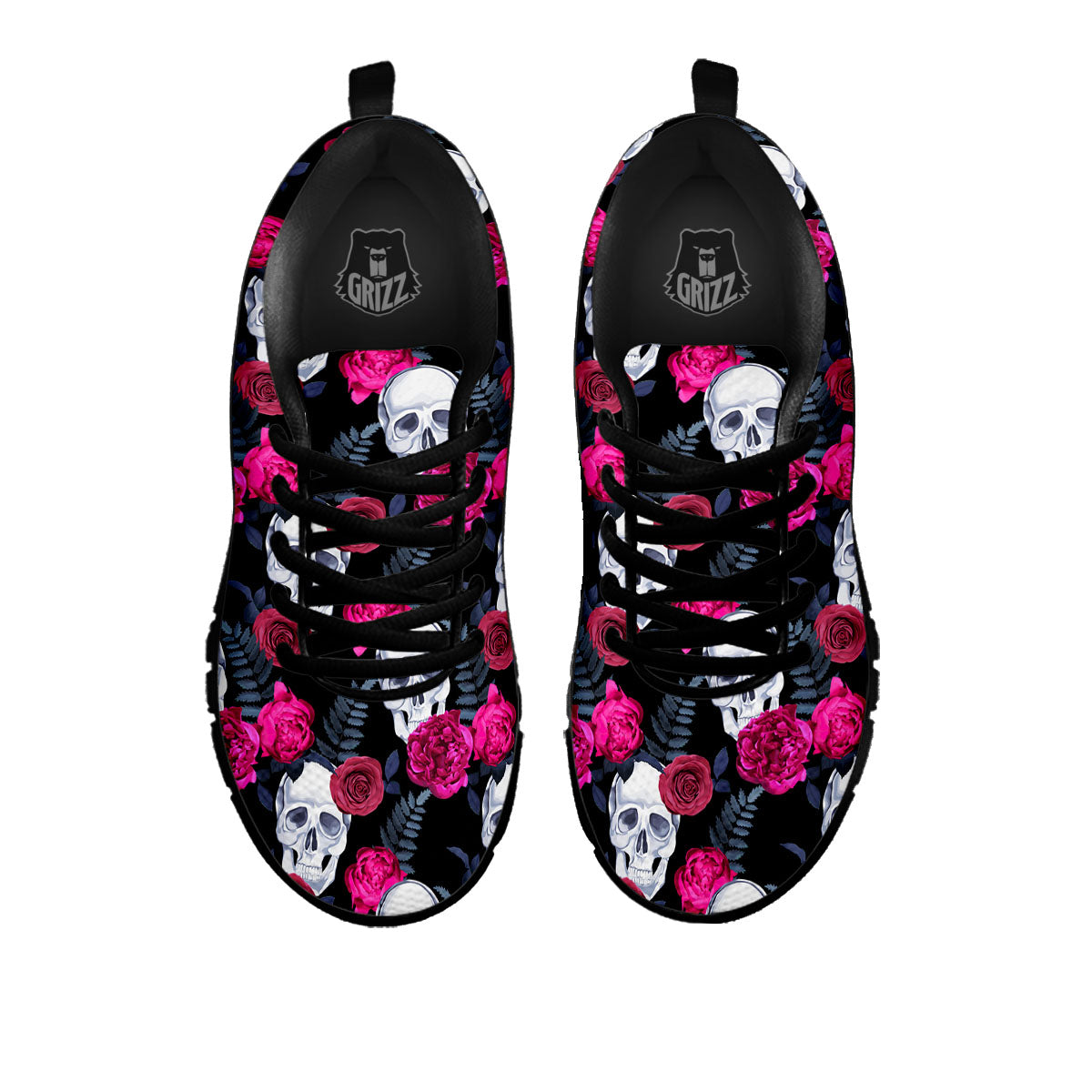 Skull Red Peony Print Pattern Black Sneaker-grizzshop