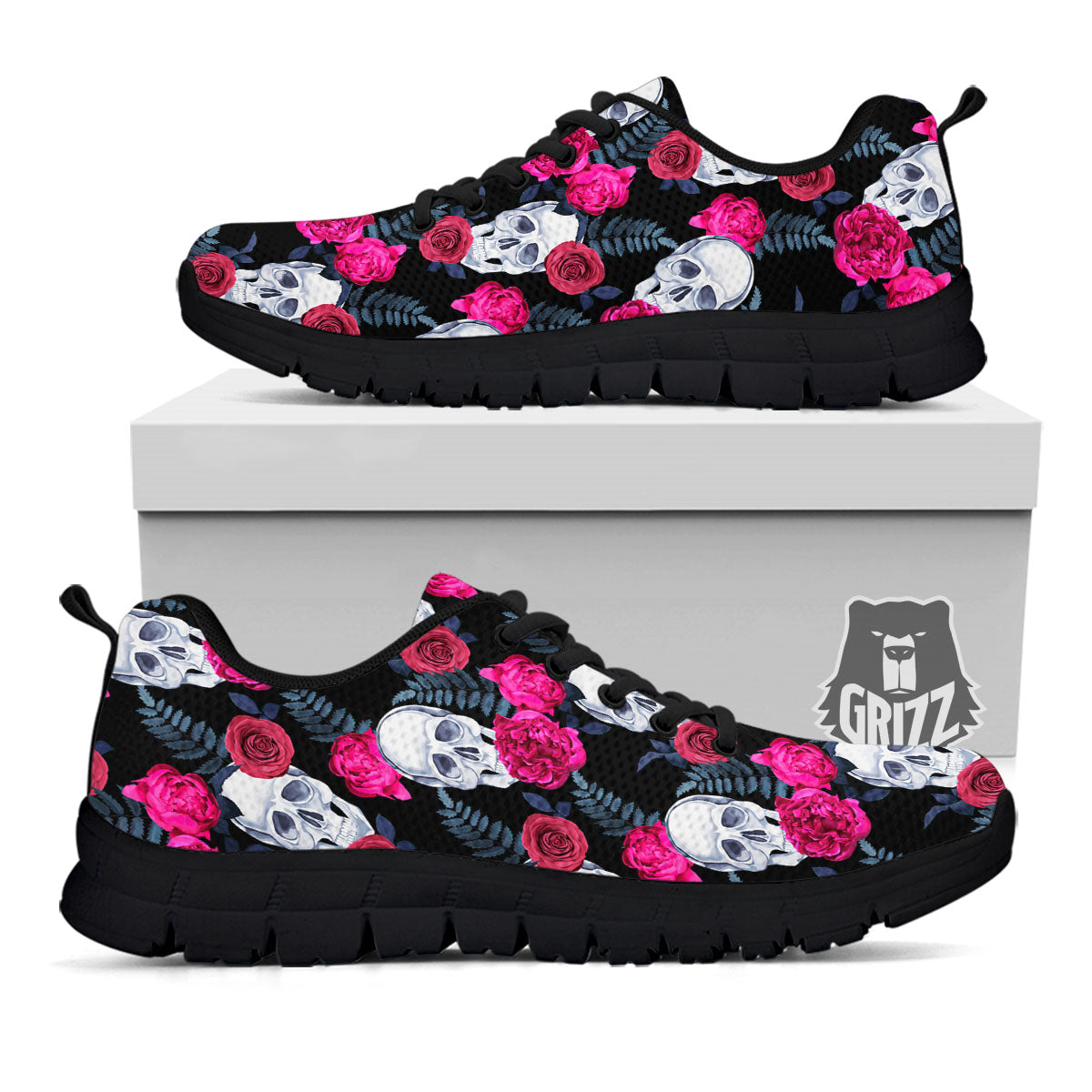 Skull Red Peony Print Pattern Black Sneaker-grizzshop