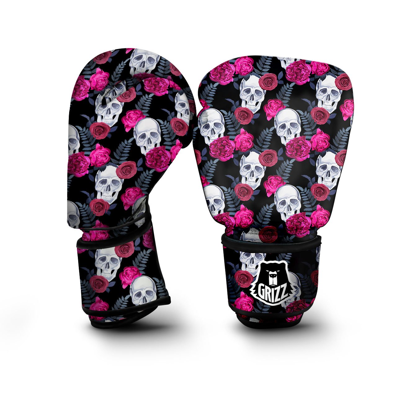 Skull Red Peony Print Pattern Boxing Gloves-grizzshop