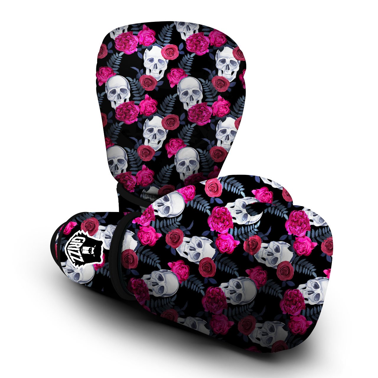 Skull Red Peony Print Pattern Boxing Gloves-grizzshop