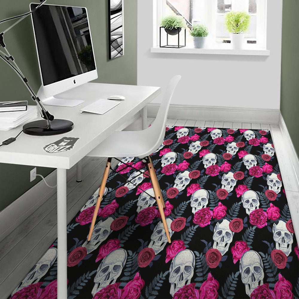 Skull Red Peony Print Pattern Floor Mat-grizzshop