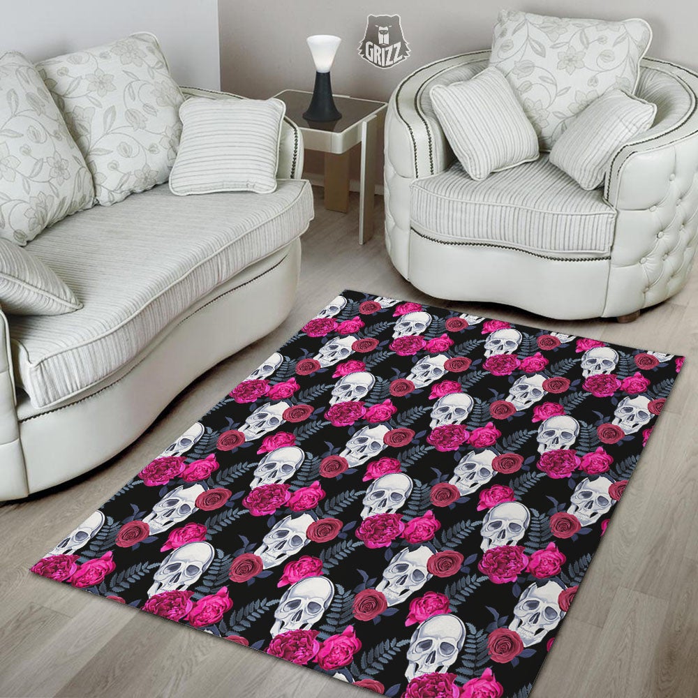 Skull Red Peony Print Pattern Floor Mat-grizzshop