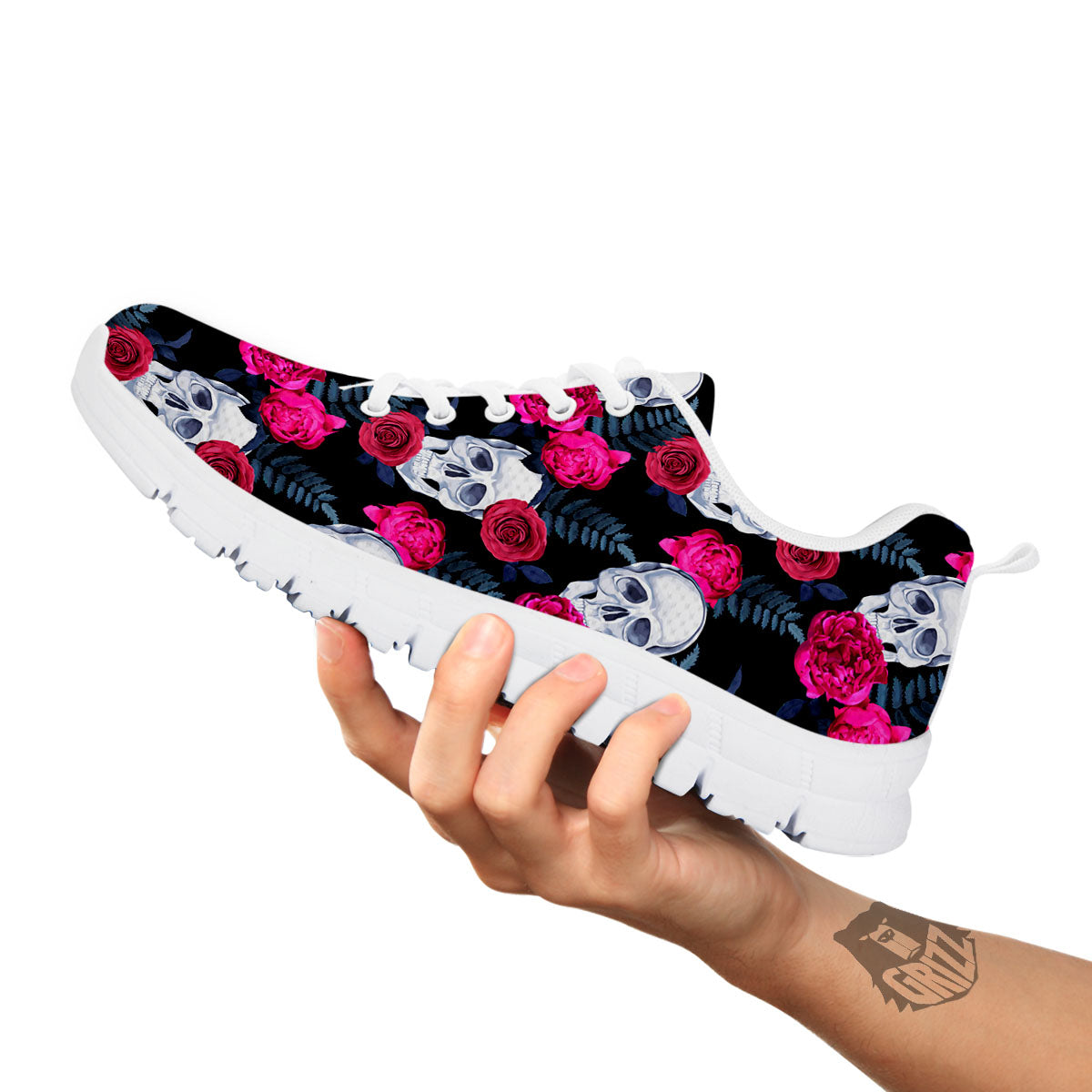 Skull Red Peony Print Pattern White Sneaker-grizzshop