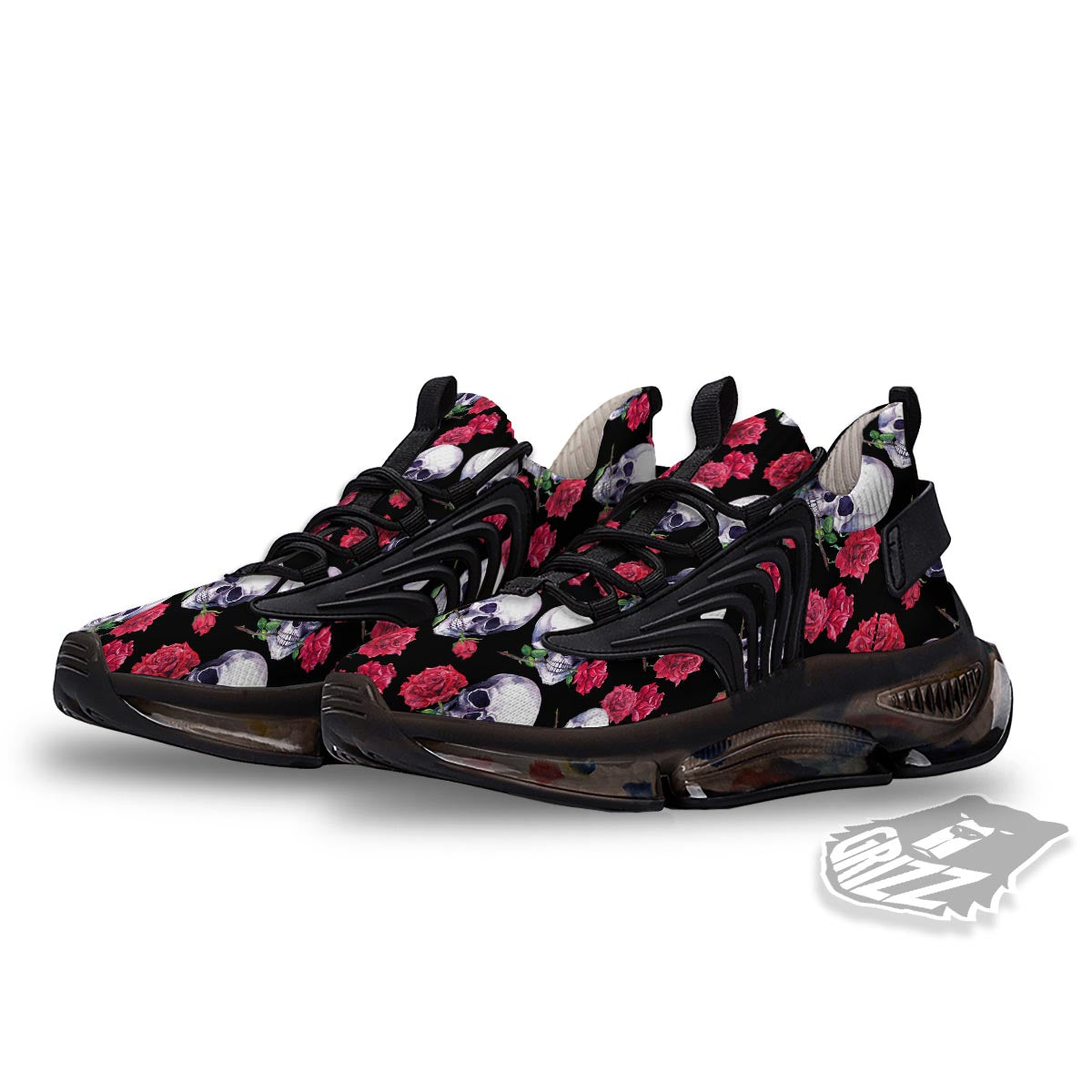 Skull Red Rose Print Pattern Black Gym Shoes-grizzshop