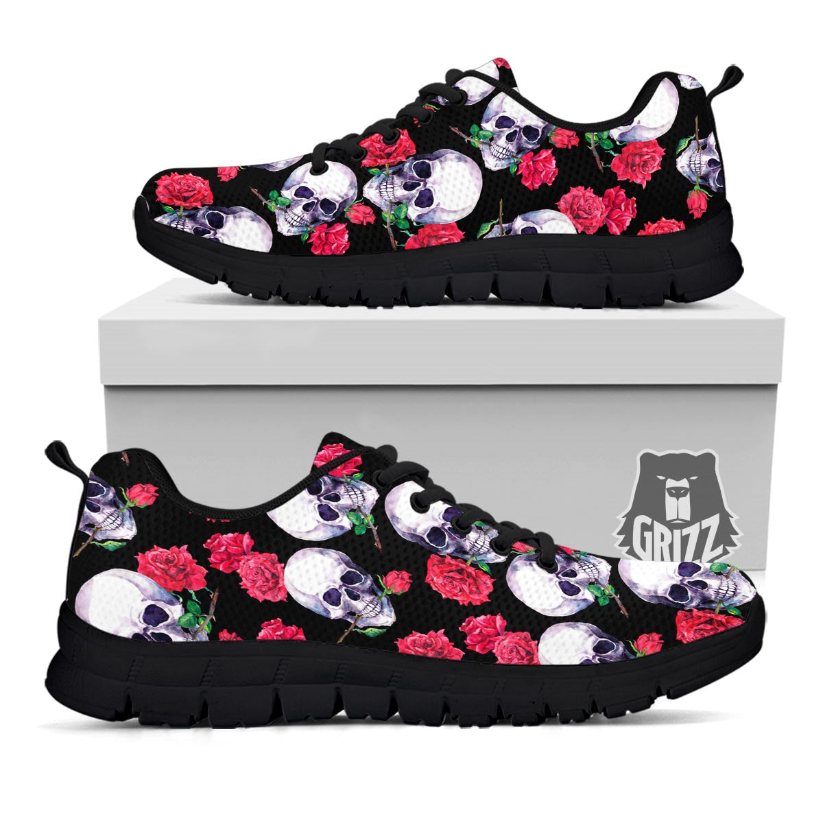 Skull Red Rose Print Pattern Black Sneaker-grizzshop