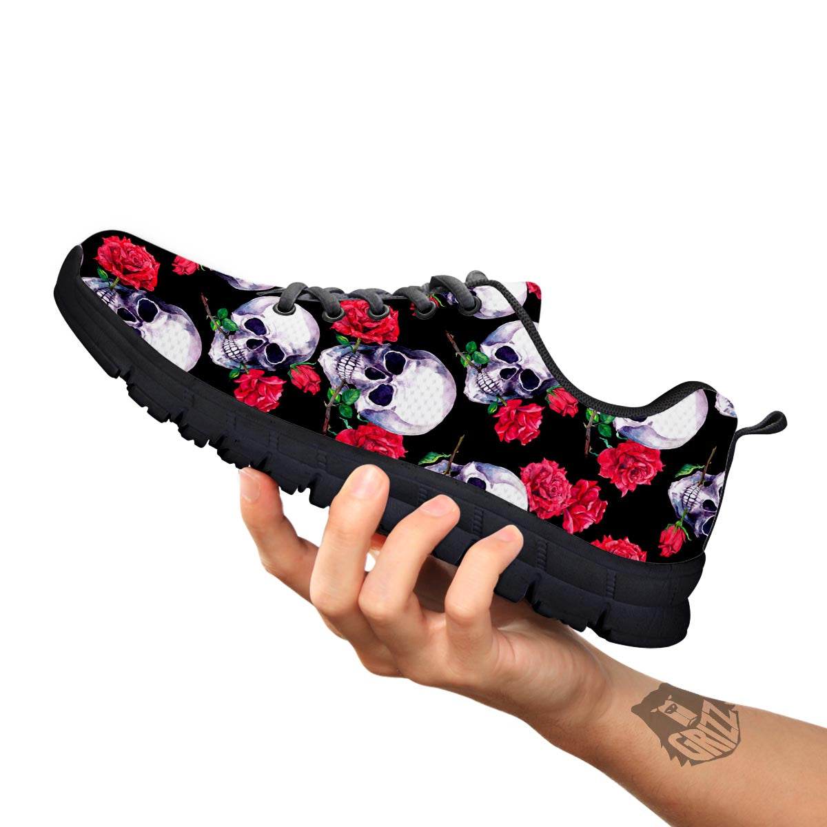 Skull Red Rose Print Pattern Black Sneaker-grizzshop