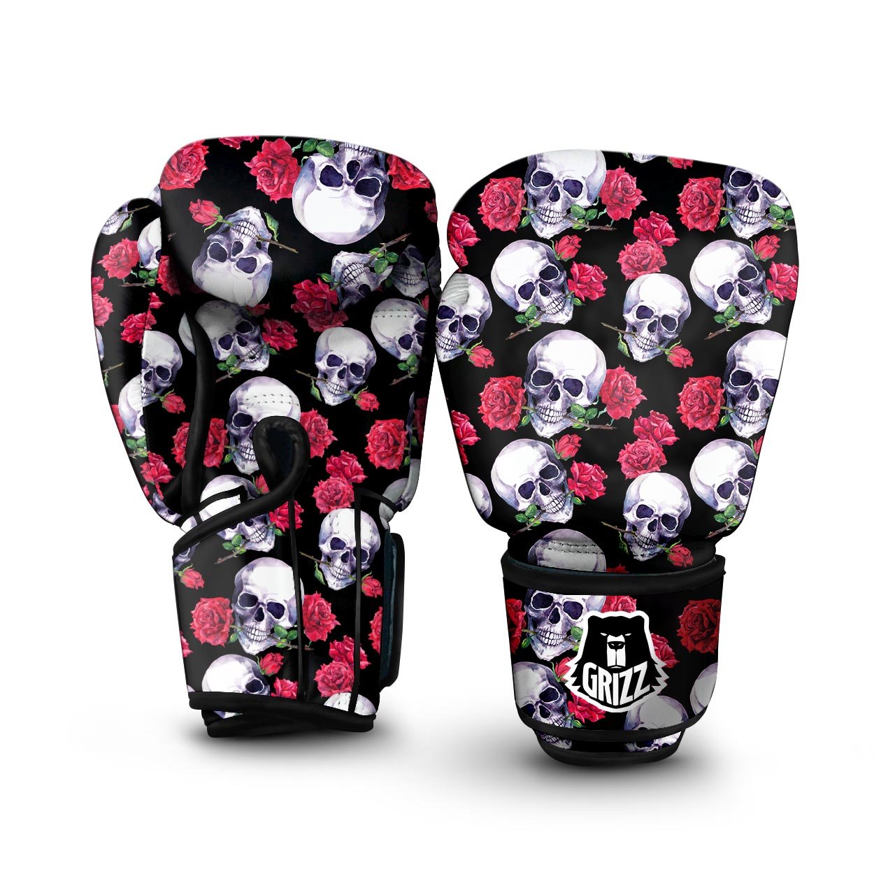 Skull Red Rose Print Pattern Boxing Gloves-grizzshop