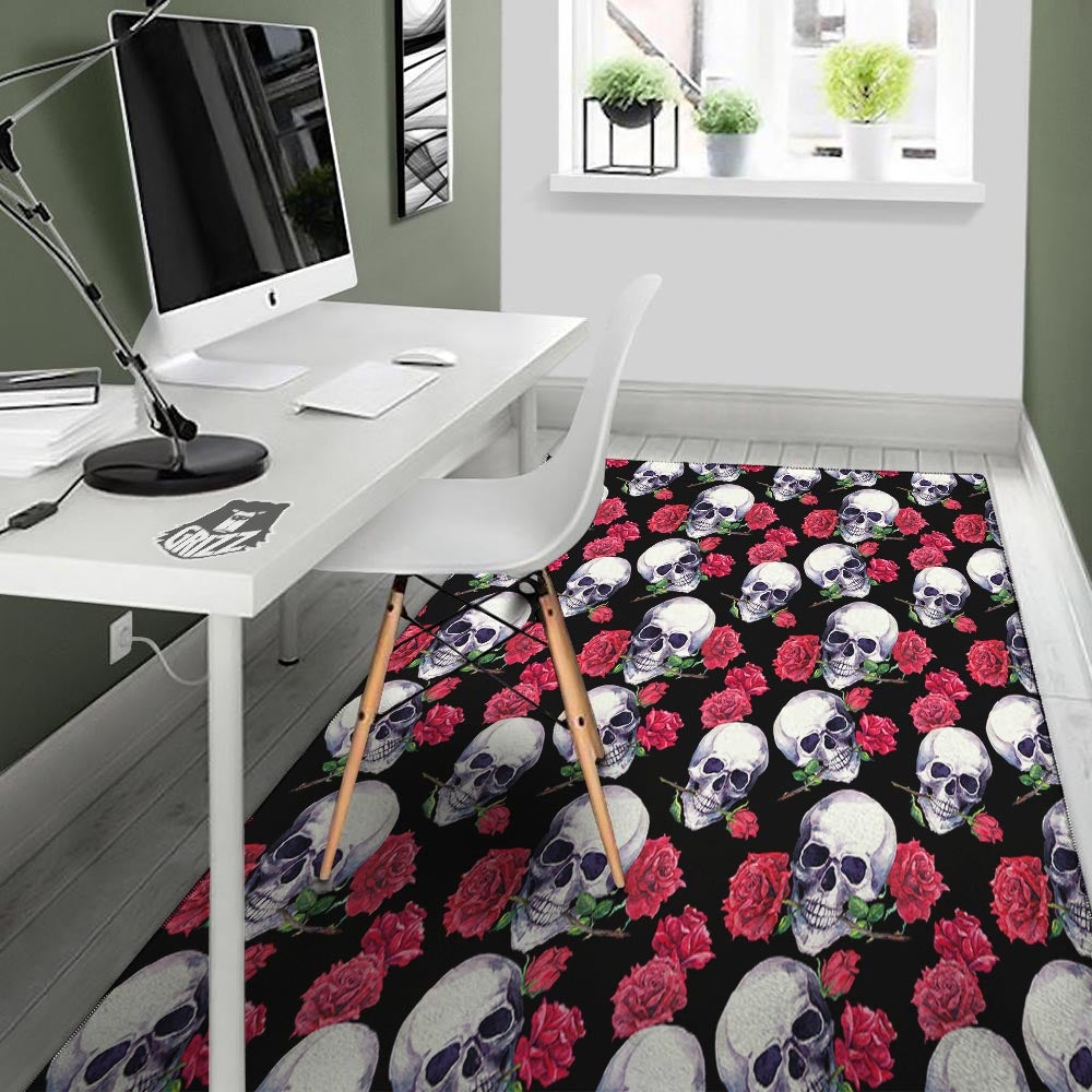 Skull Red Rose Print Pattern Floor Mat-grizzshop