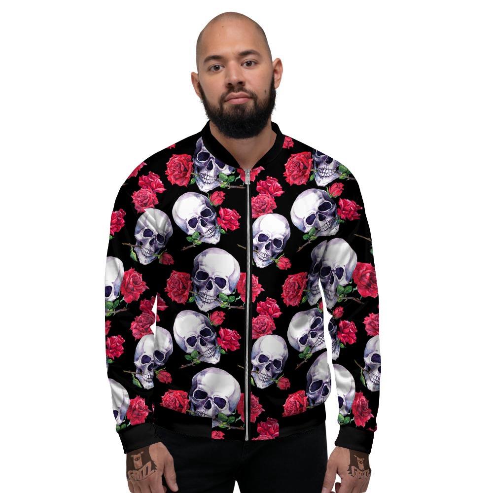 Skull Red Rose Print Pattern Men's Bomber Jacket-grizzshop