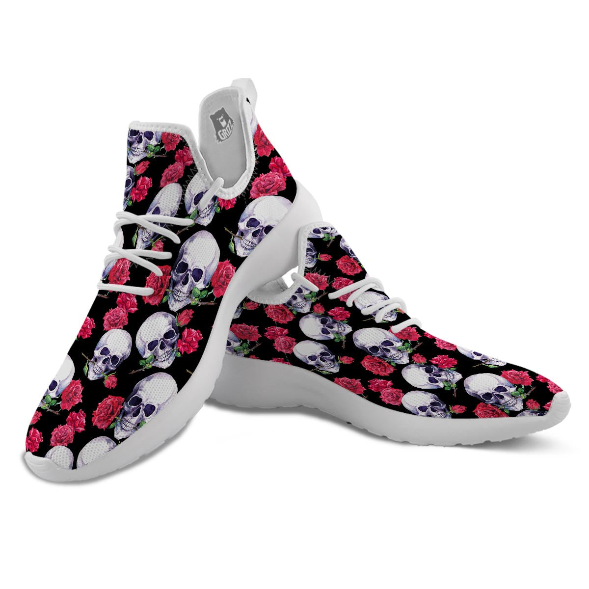 Skull Red Rose Print Pattern White Athletic Shoes-grizzshop