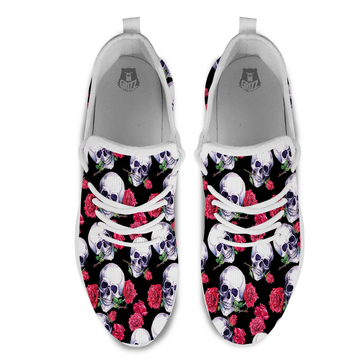 Skull Red Rose Print Pattern White Athletic Shoes-grizzshop