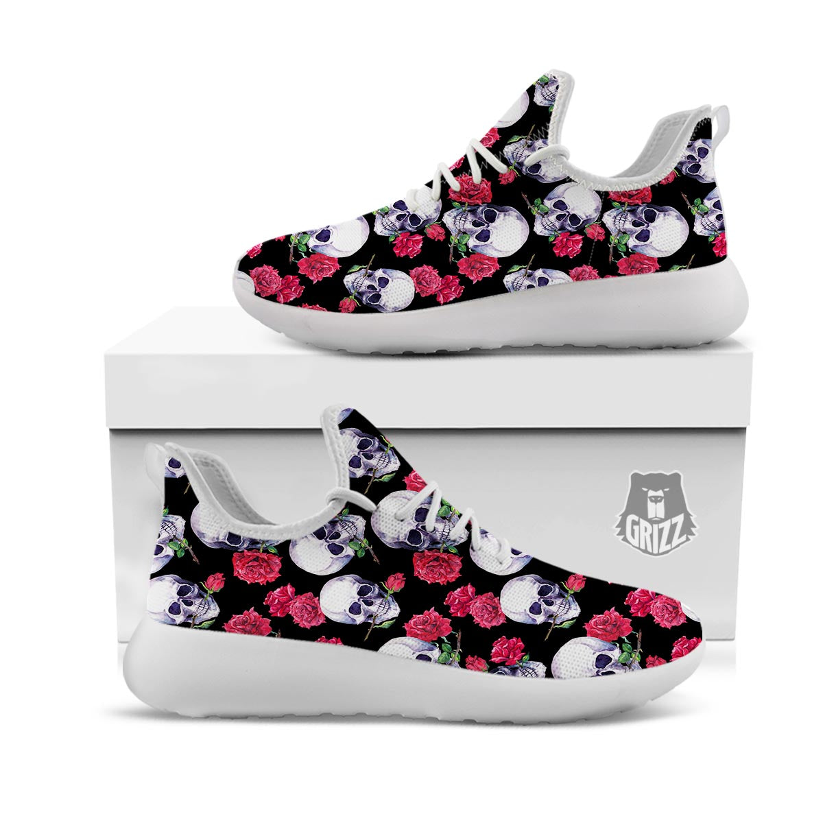 Skull Red Rose Print Pattern White Athletic Shoes-grizzshop