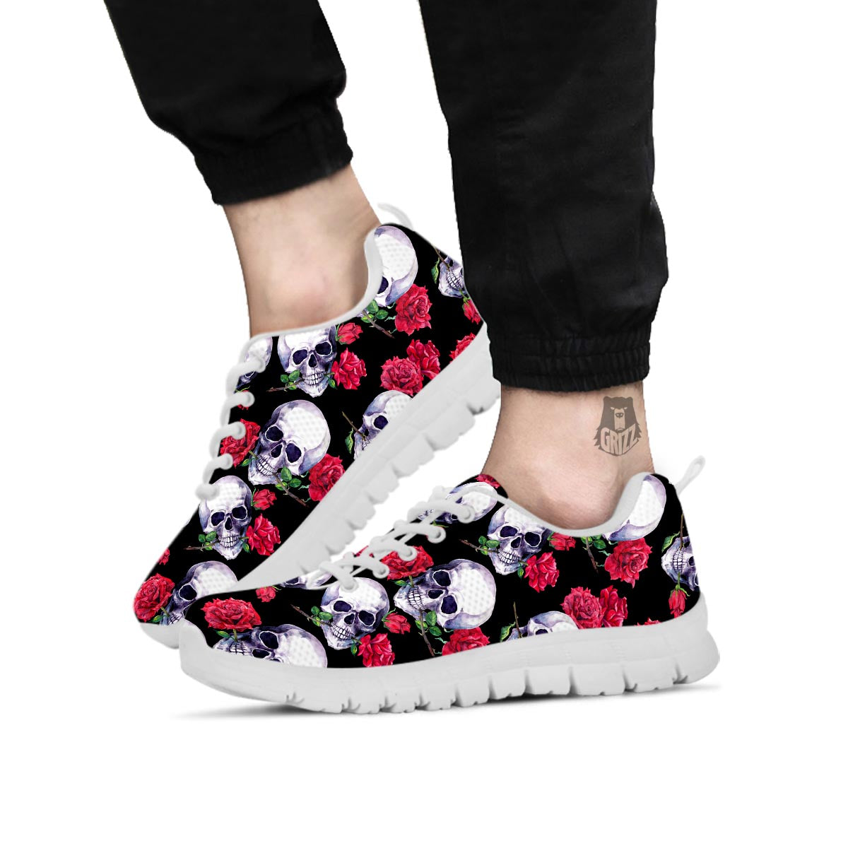 Skull Red Rose Print Pattern White Sneaker-grizzshop