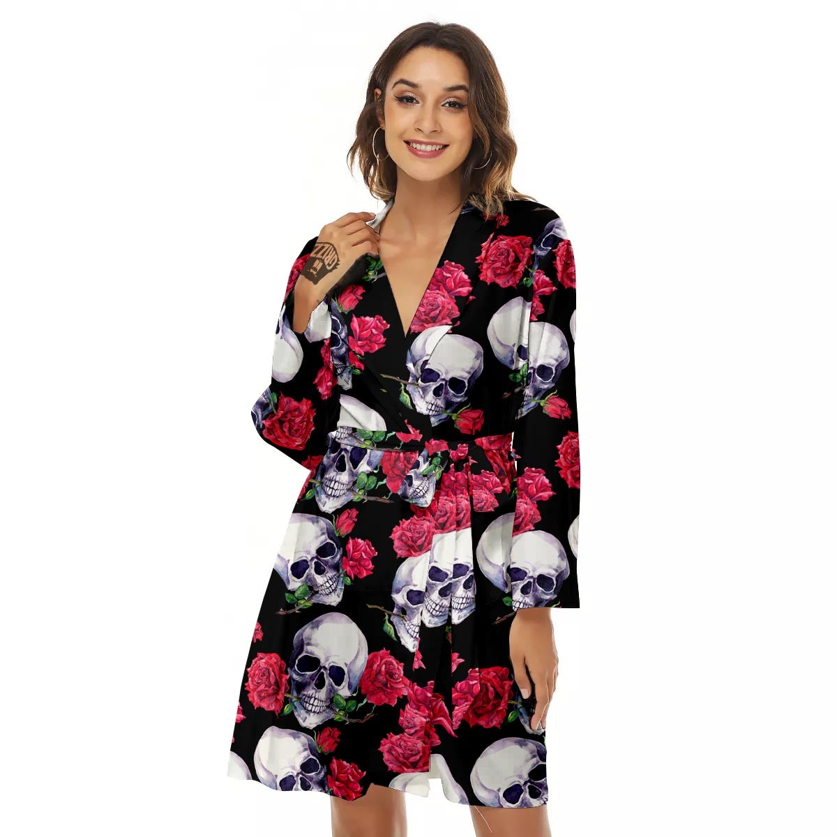 Skull Red Rose Print Pattern Women's Robe-grizzshop