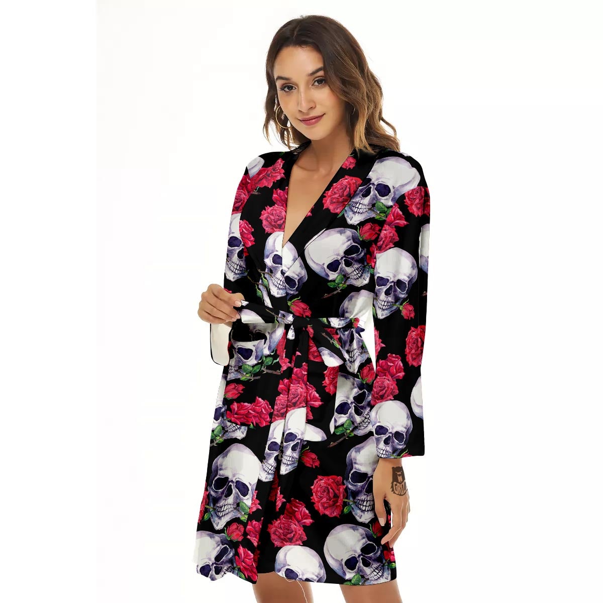 Skull Red Rose Print Pattern Women's Robe-grizzshop