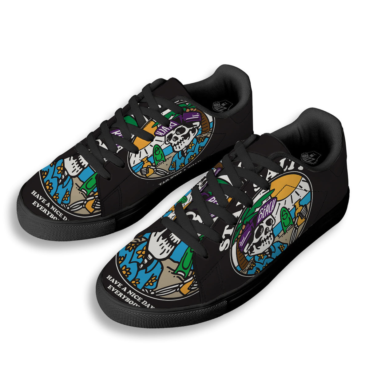 Skull Relax On Beach Print Black Low Top Sneakers-grizzshop