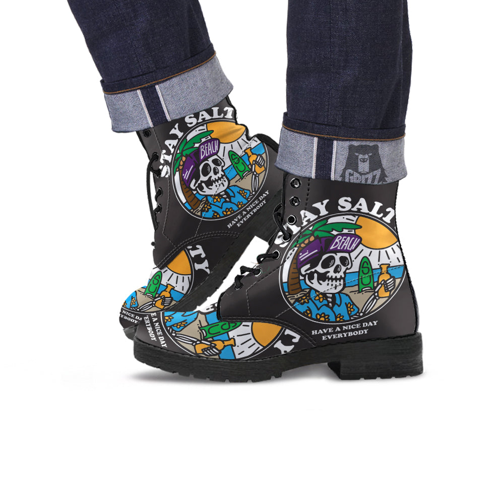 Skull Relax On Beach Print Leather Boots-grizzshop