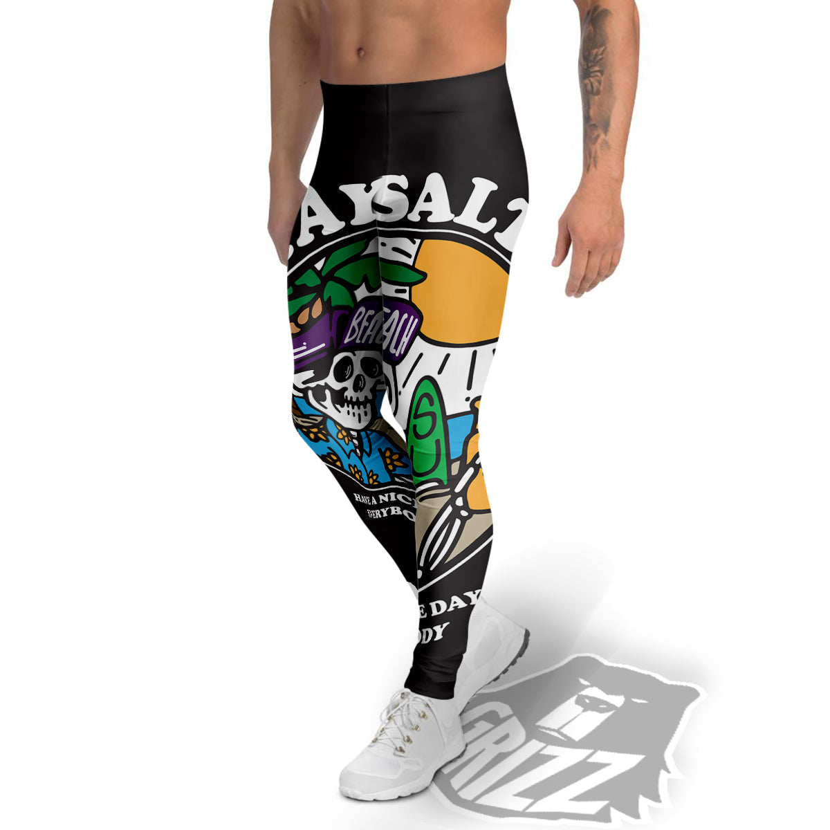 Skull Relax On Beach Print Men's Leggings-grizzshop