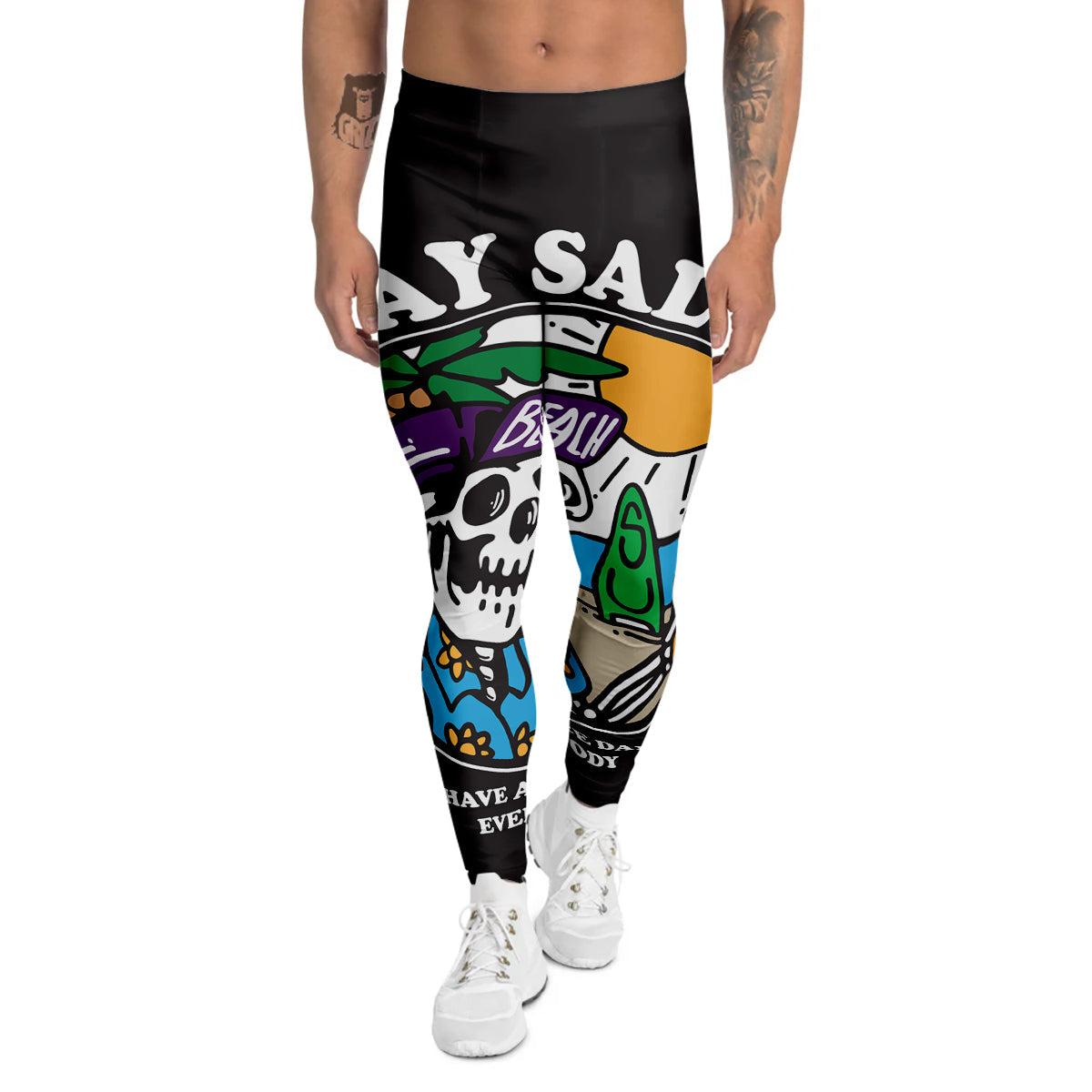 Skull Relax On Beach Print Men's Leggings-grizzshop