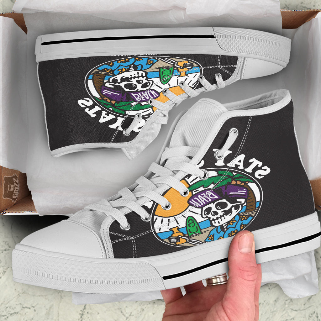 Skull Relax On Beach Print White High Top Shoes-grizzshop
